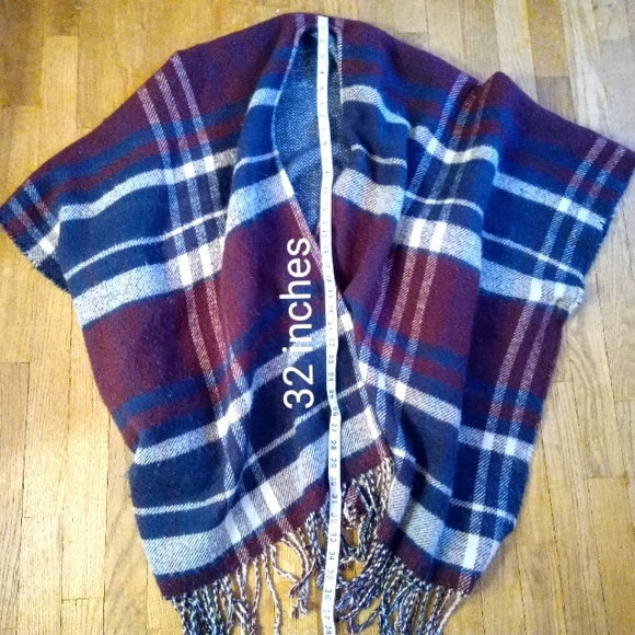 PONCHO - Plaid Soft Blanket Poncho in Red, White, and Blue with Tassles - Picture 3 of 9